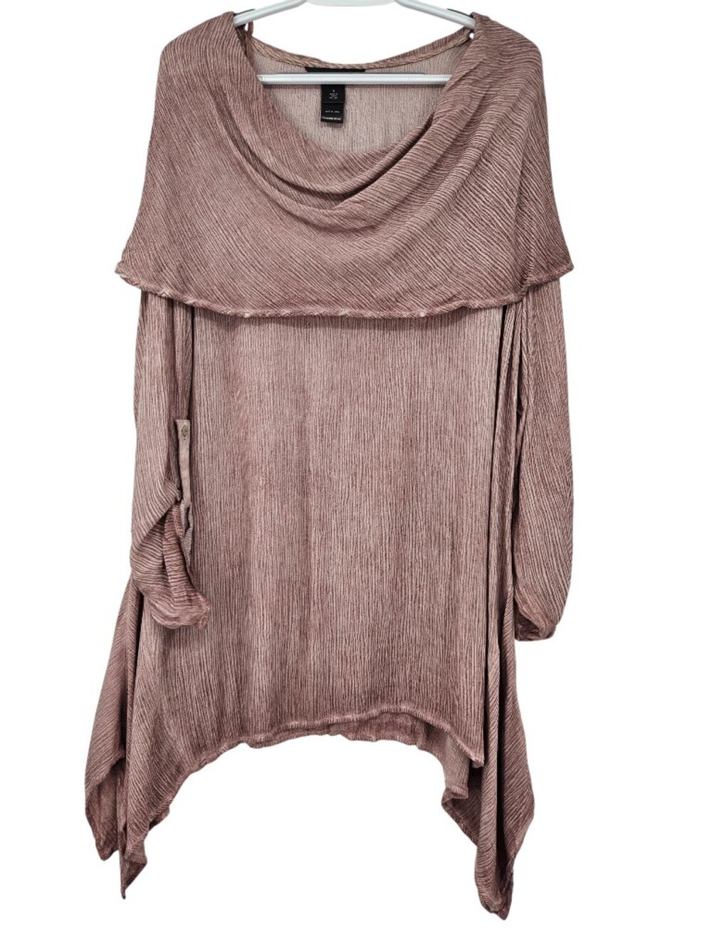 Ali Miles Cowl Neck Asymmetric Hem Crinkled Tunic Top Mauve Women's Size S NEW